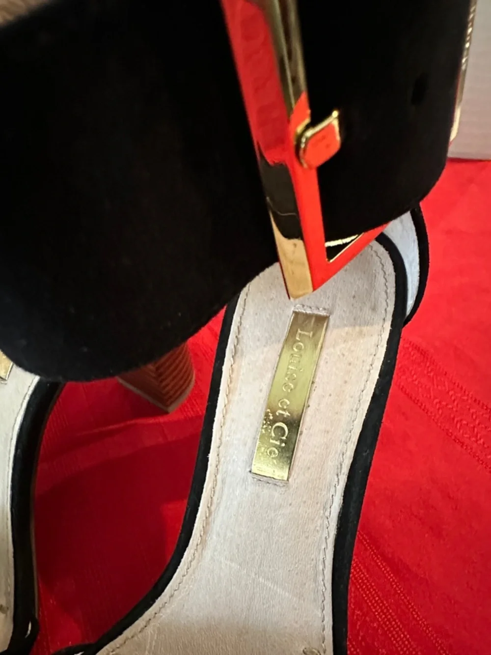 Louise et Cie Black Suede Ankle-Strap Block Heels with Gold Buckle Size 6